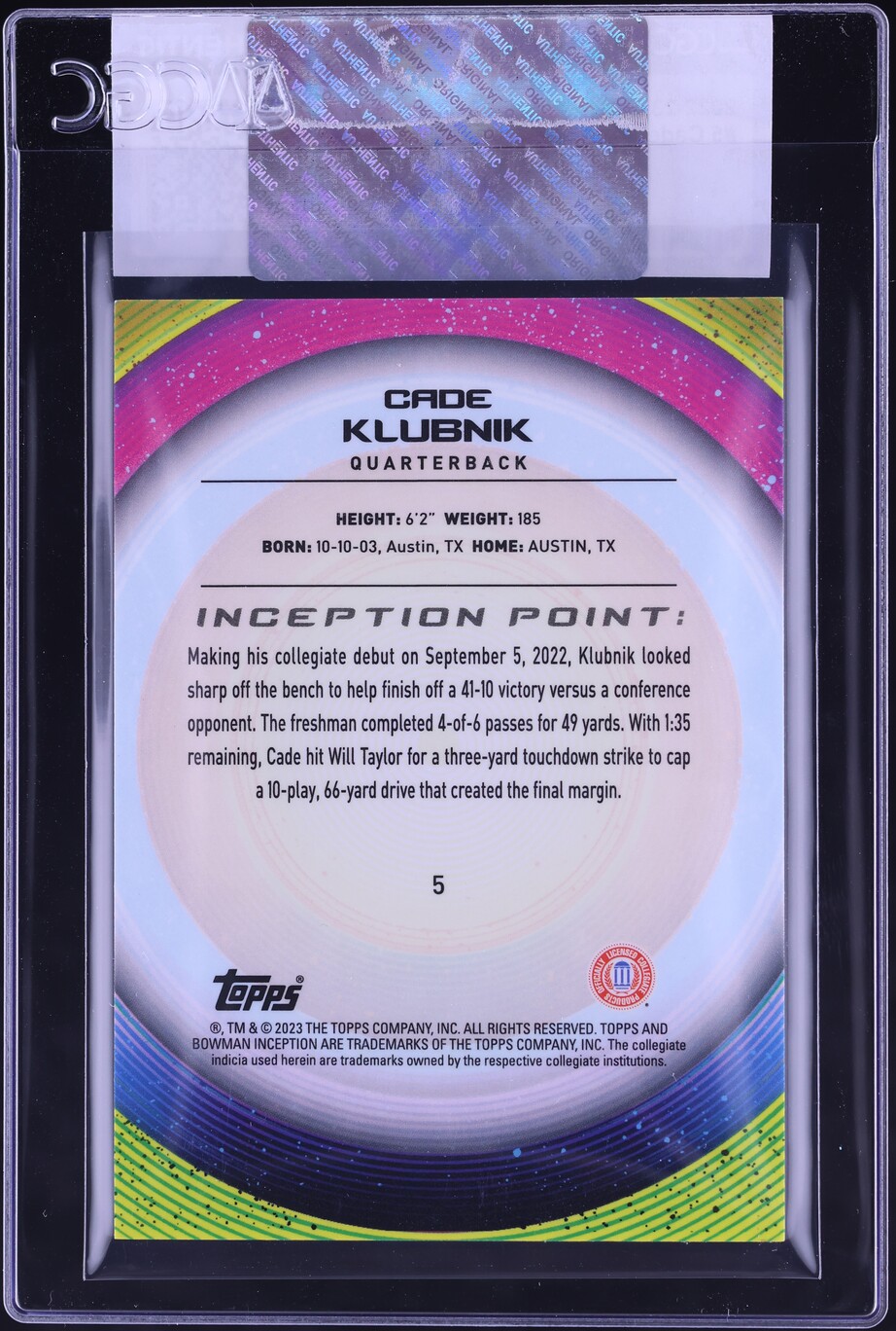2022 Bowman University Inception Cade Klubnik ROOKIE #5 CGC AUTH
