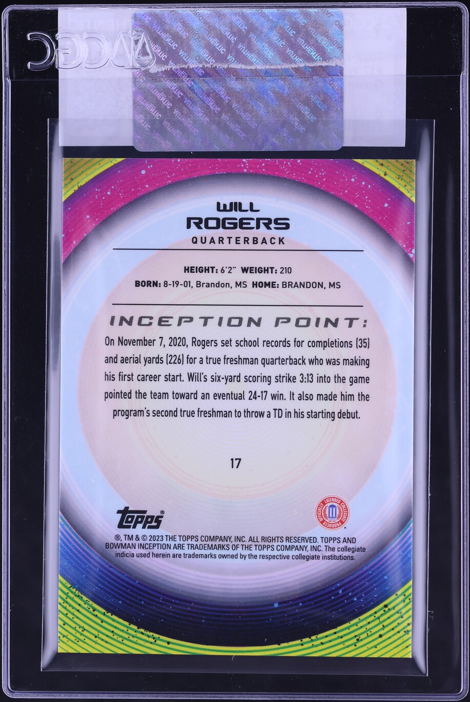 2022 Bowman University Inception Green Foil Will Rogers ROOKIE /299 #17 CGC AUTH