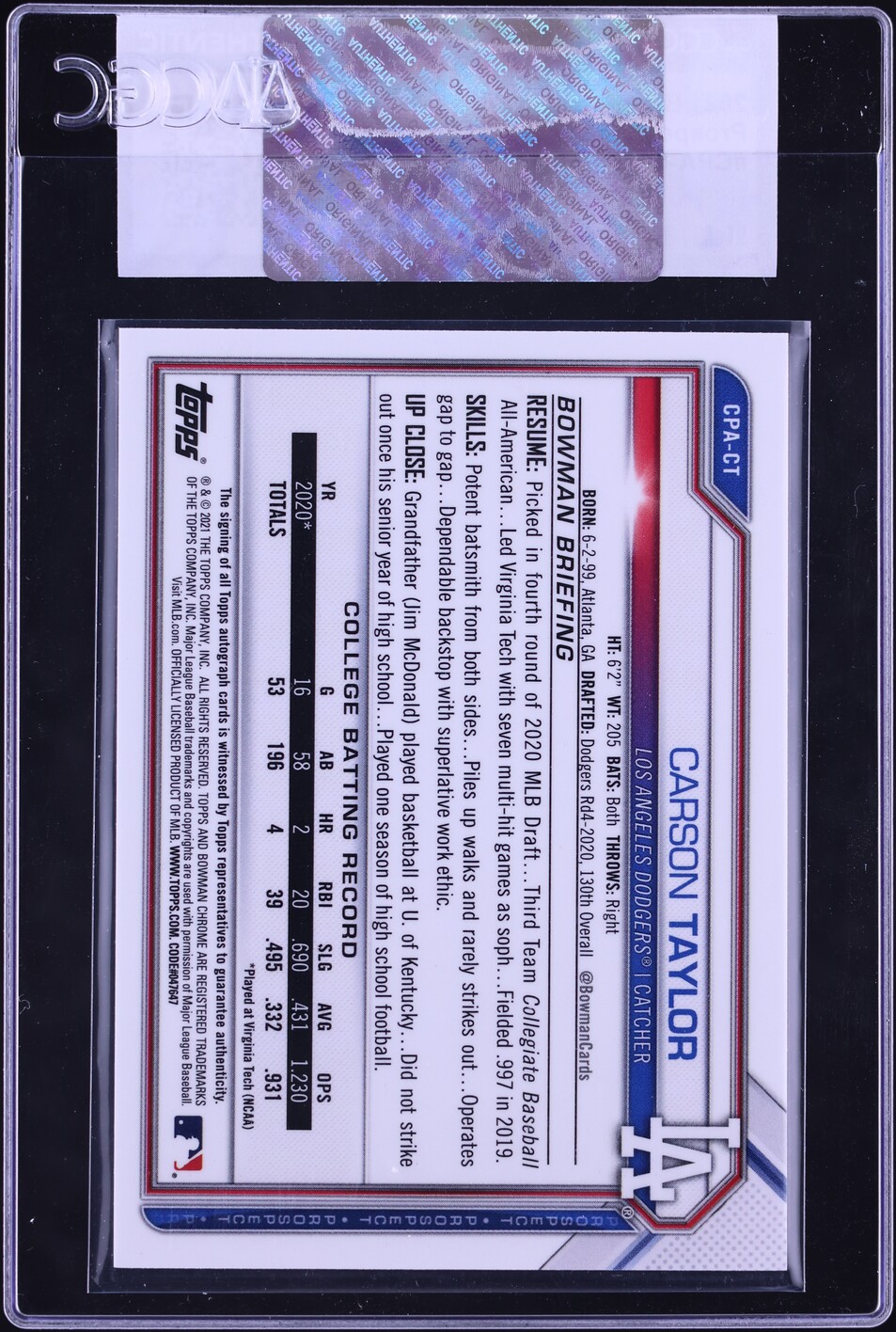 2021 Bowman Chrome Carson Taylor PROSPECT AUTO #CPA-CT CGC AUTH