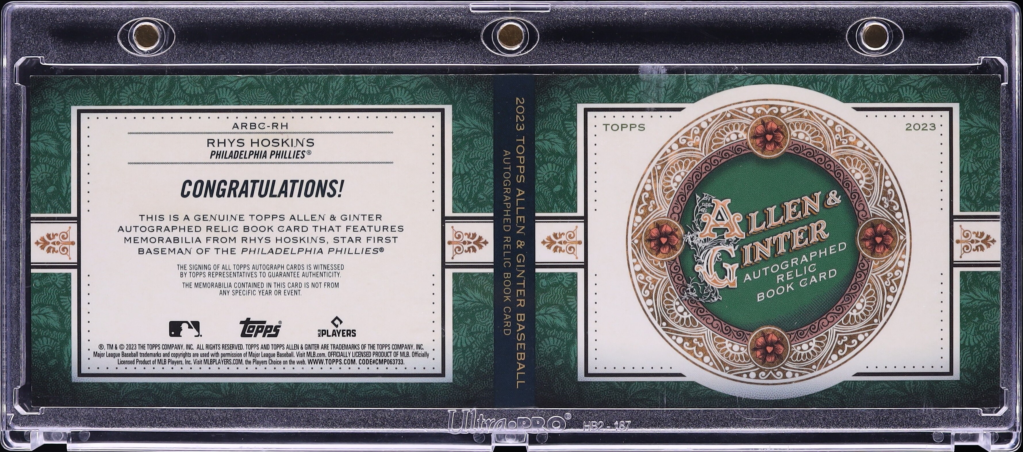 2023 Topps Allen & Ginter Book Rhys Hoskins PATCH AUTO 10/10 #ARBC