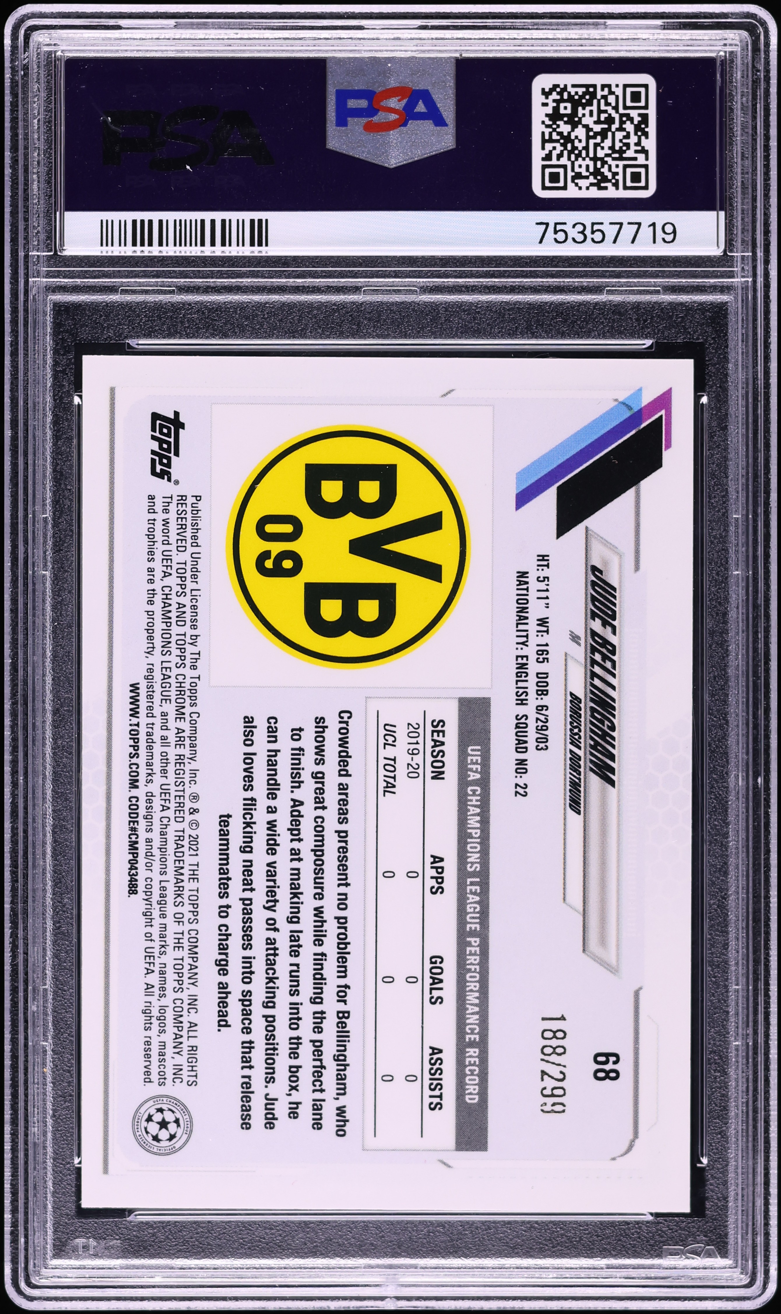 2020 Topps Chrome UCL Yellow Mini Diamond Ref Jude Bellingham RC