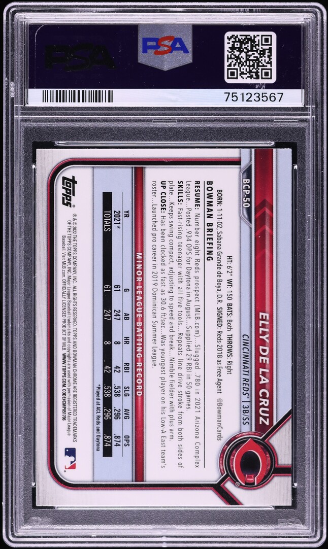 2022 Bowman Chrome Atomic Refractor Elly De La Cruz PROSPECT #BCP50 PSA 10 GEM