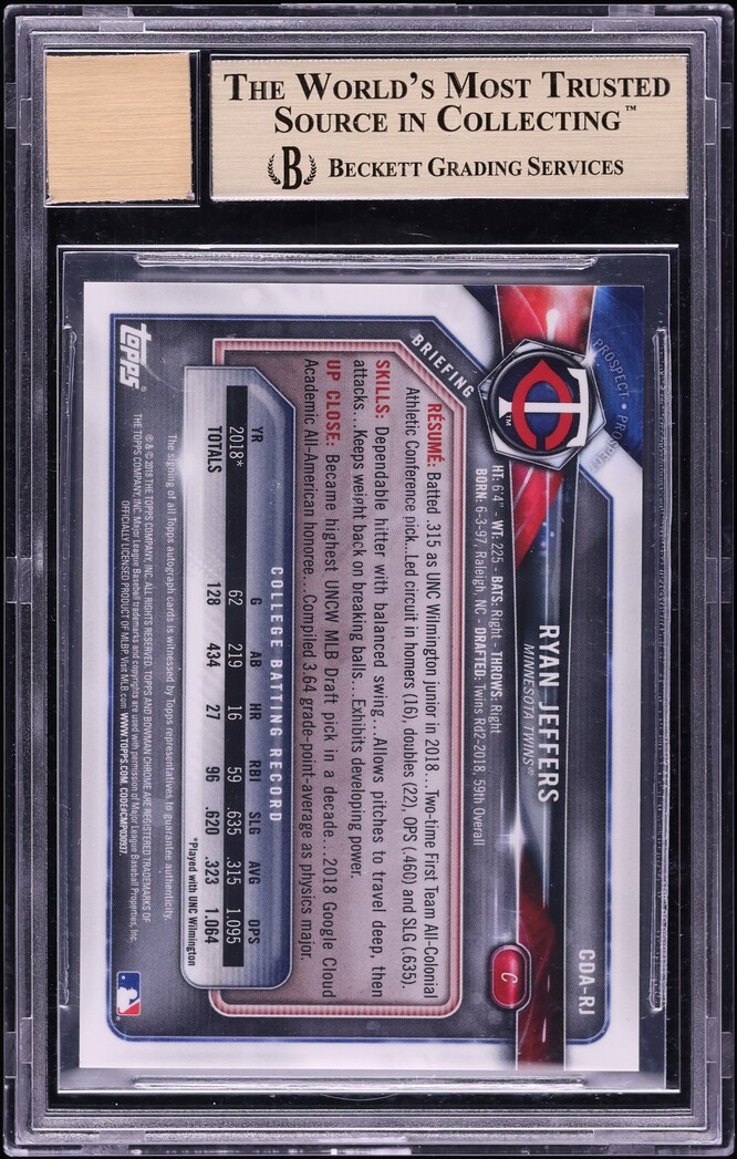 2018 Bowman Chrome Draft Superfractor Ryan Jeffers PROSPECT AUTO 1/1 BGS 9.5 GEM