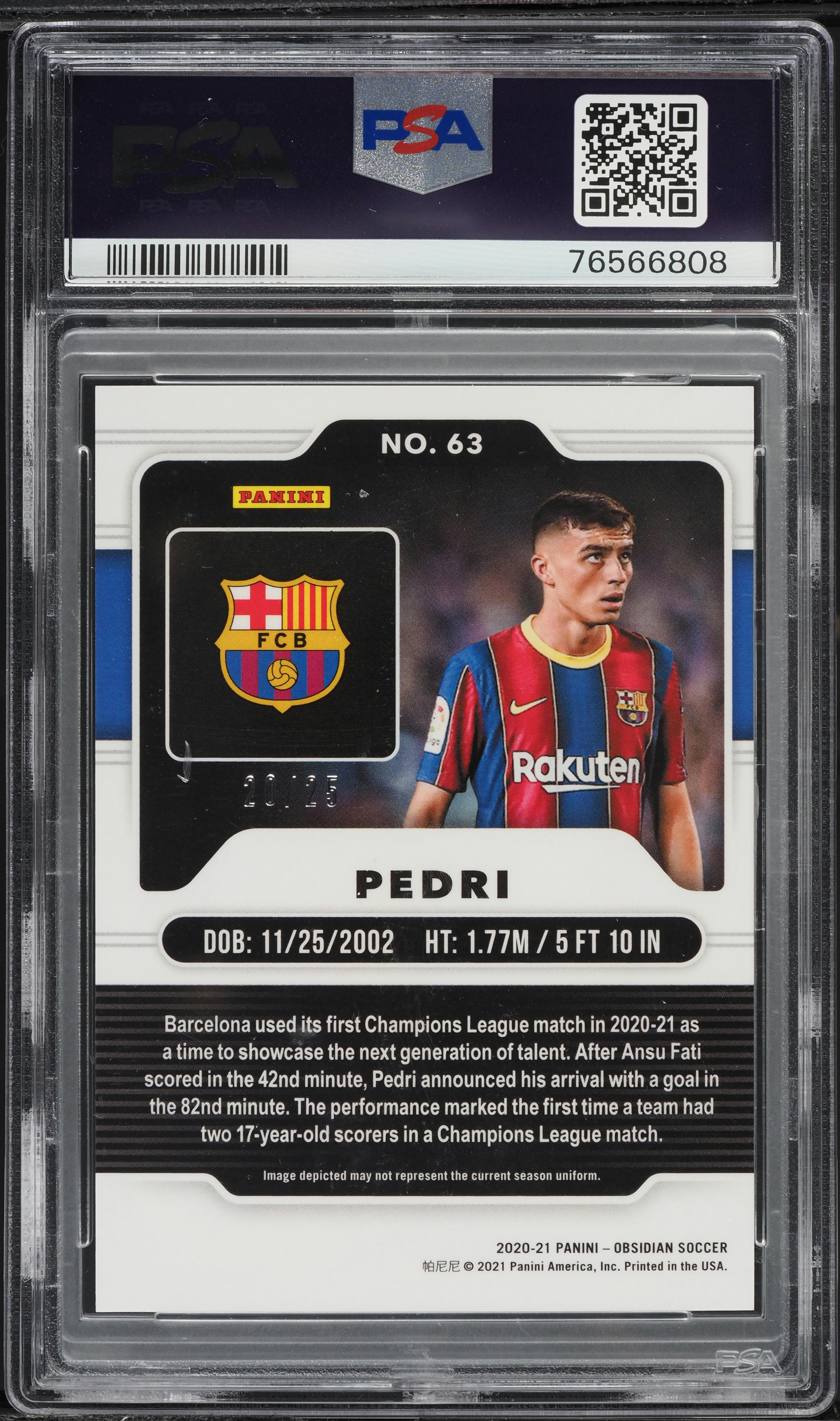 2020 Panini Obsidian Electric Etch Green Pedri ROOKIE /25 #63 PSA