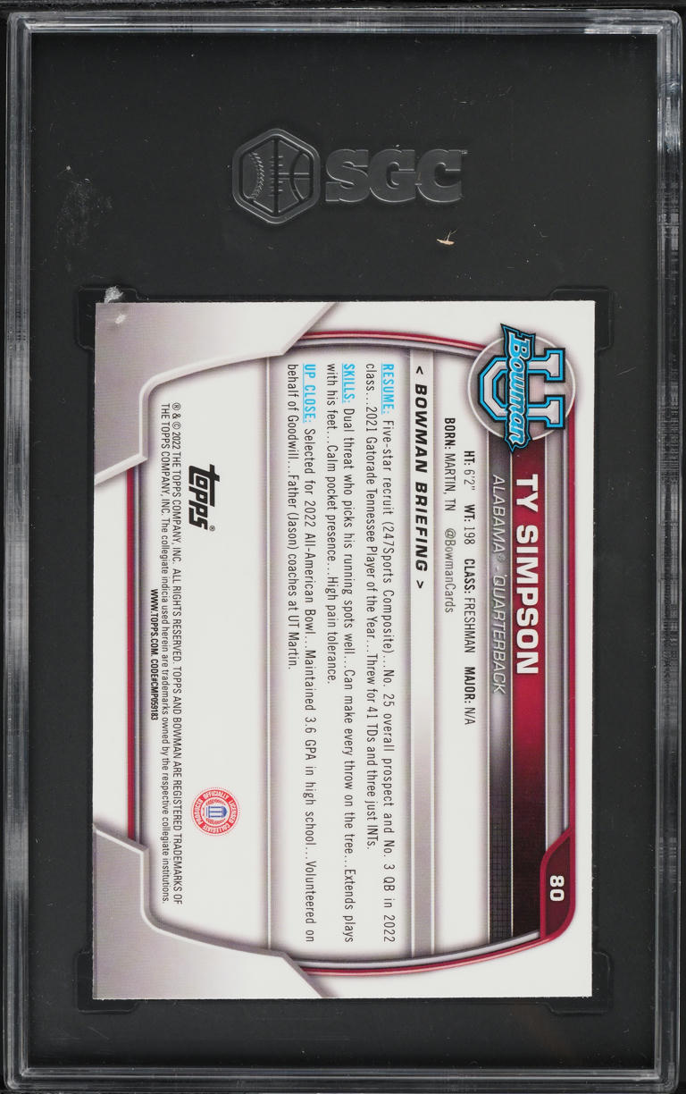 2022 Bowman Chrome University Ty Simpson ROOKIE #80 SGC 10 GEM MINT
