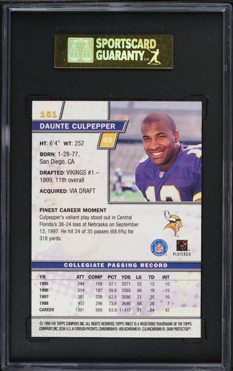 1999 Finest Football Daunte Culpepper ROOKIE #151 SGC 10 GEM MINT