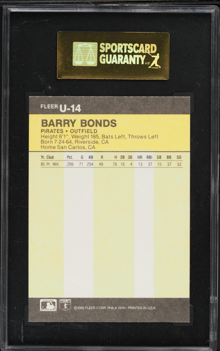 1986 Fleer Update Barry Bonds ROOKIE #U-14 SGC 9 MINT