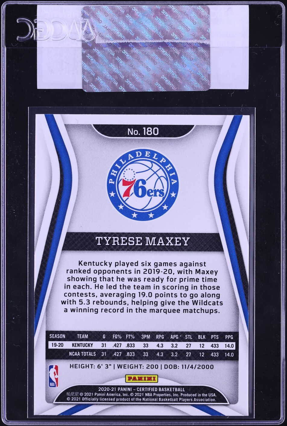 2020 Panini Certified Tyrese Maxey ROOKIE #180 CGC AUTH