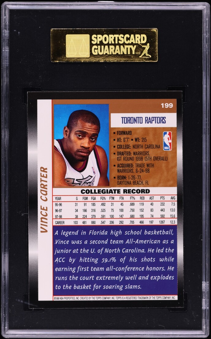 1998 Topps Basketball Vince Carter ROOKIE #199 SGC 8.5 NM-MT+