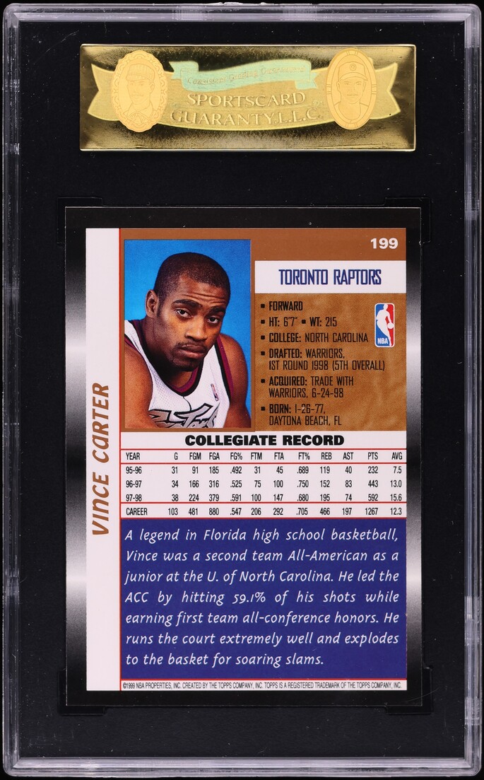1998 Topps Basketball Vince Carter ROOKIE #199 SGC 8.5 NM-MT+