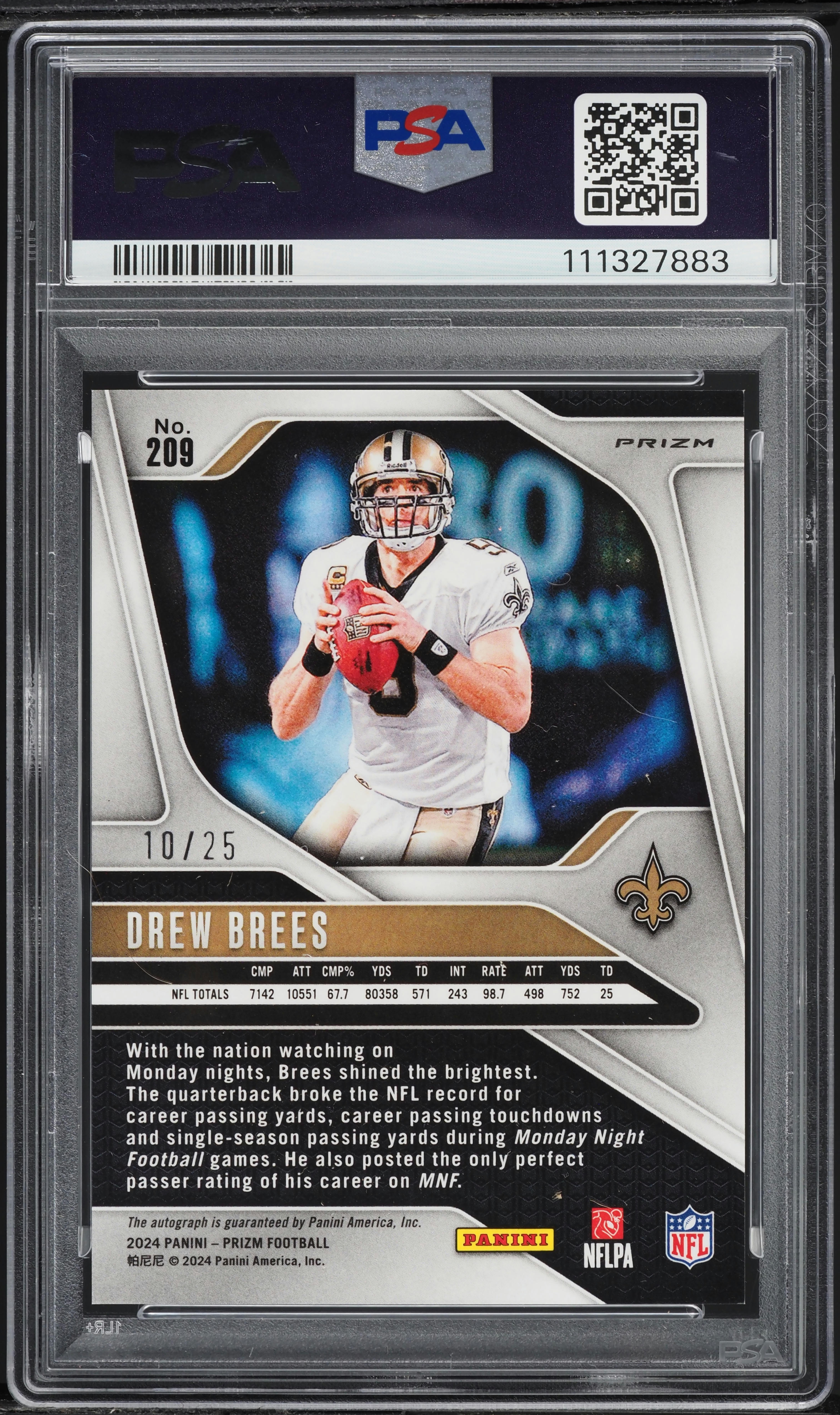 2024 Panini Prizm Blue Shimmer Drew Brees AUTO /25 #209 PSA 10 GEM