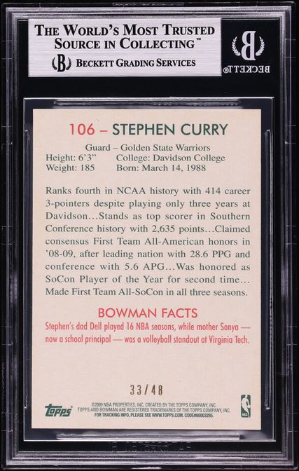 2009 Bowman '48 Black Stephen Curry ROOKIE /48 #106 BGS 8.5 NM-MT+