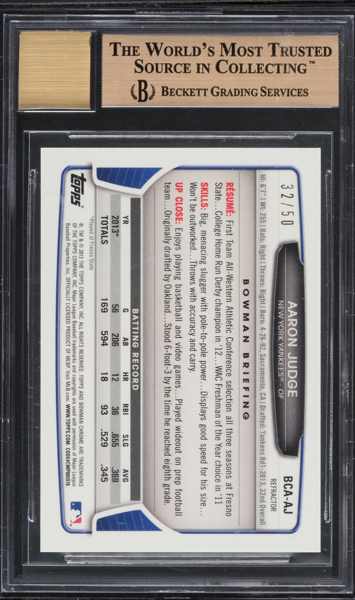2013 Bowman Chrome Draft Gold Refractor Aaron Judge PROSPECT AUTO /50 BGS 9.5