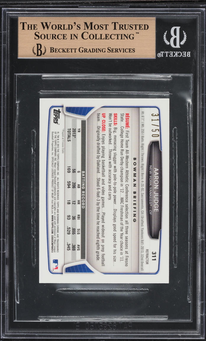 2013 Bowman Chrome Mini Gold Refractor Aaron Judge PROSPECT /50 #311 BGS 9.5 GEM