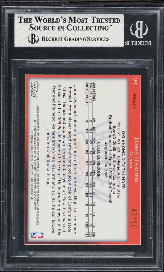 2009 Topps Chrome Gold Refractor James Harden ROOKIE /50 #99 BGS 8 NM-MT