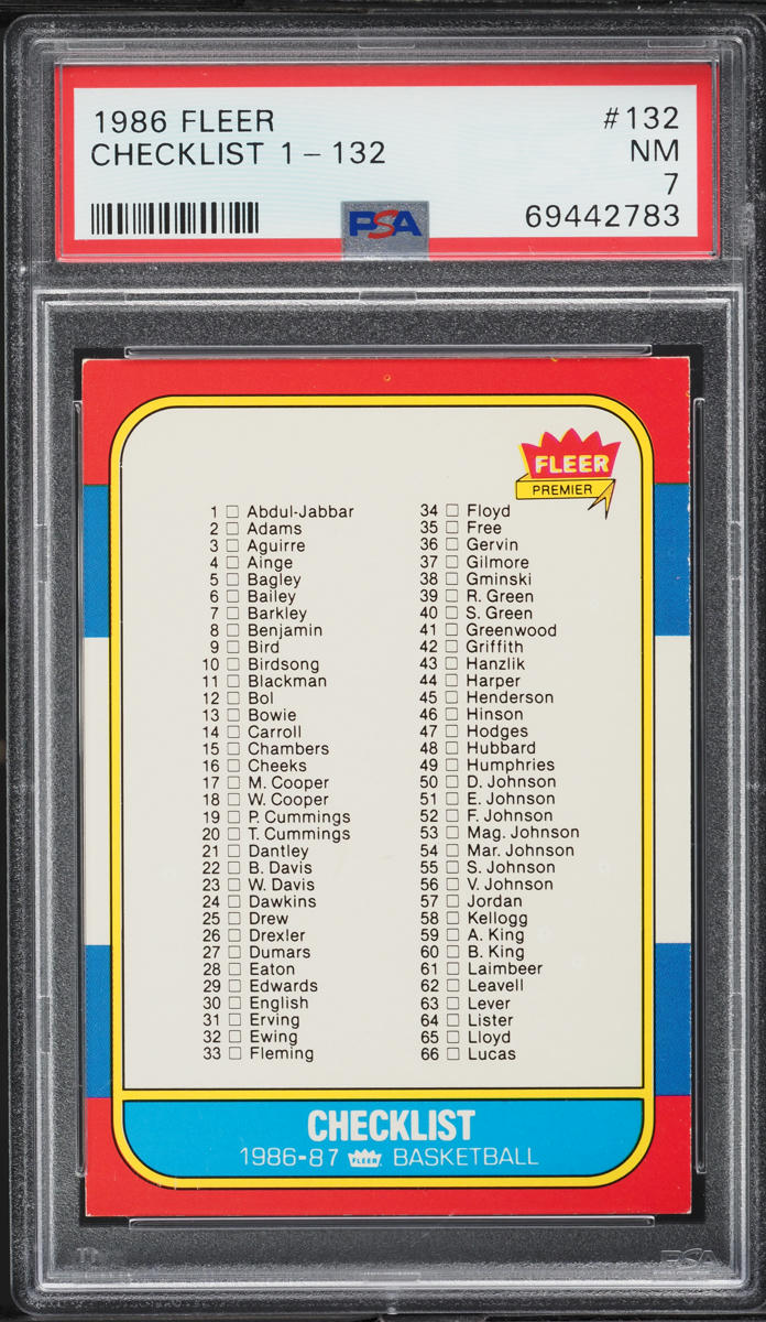 1986 Fleer Basketball Checklist 1-132 #132 PSA 7 NRMT