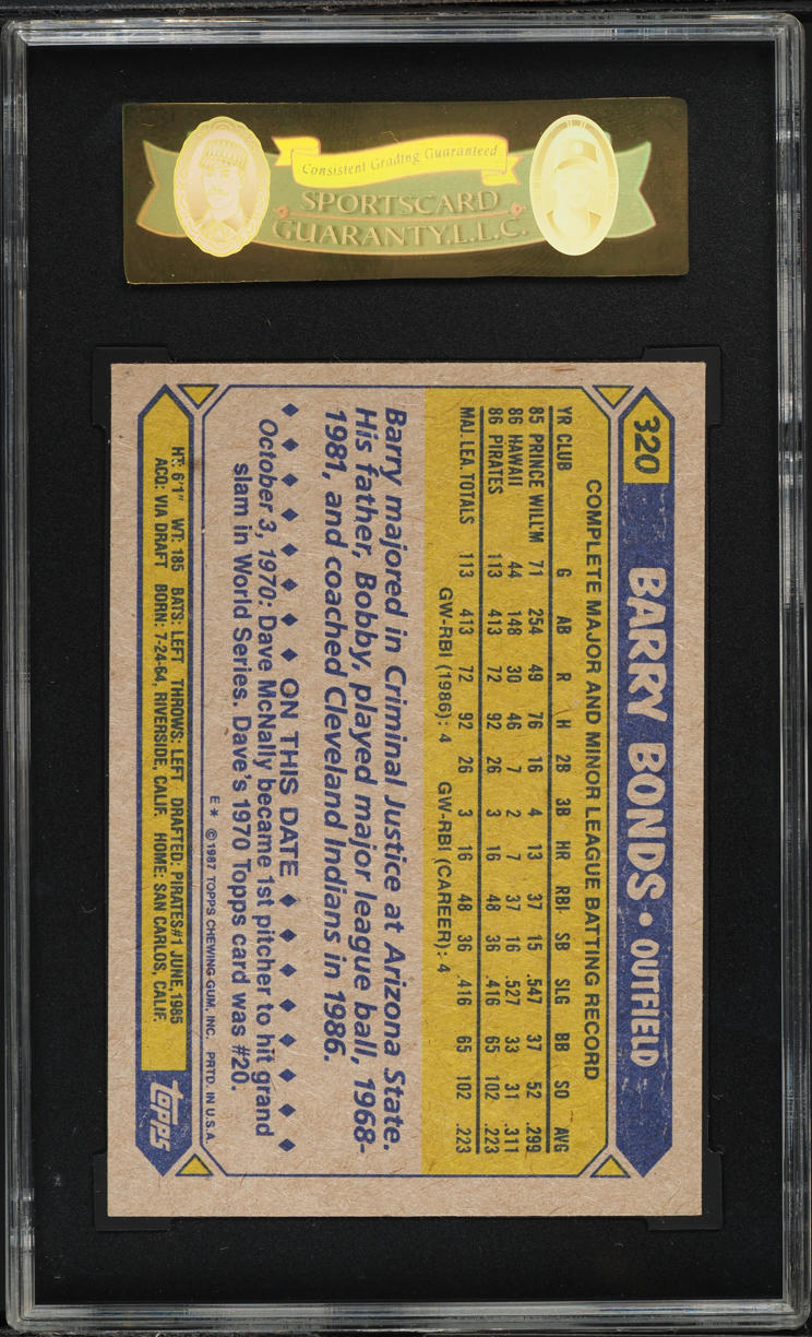 1987 Topps Barry Bonds ROOKIE #320 SGC 7.5 NRMT+