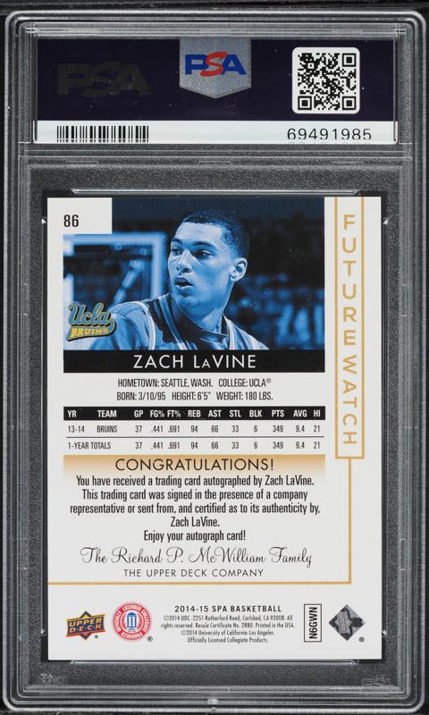 2014 SP Authentic Zach Lavine ROOKIE AUTO /475 #86 PSA 10 GEM MINT