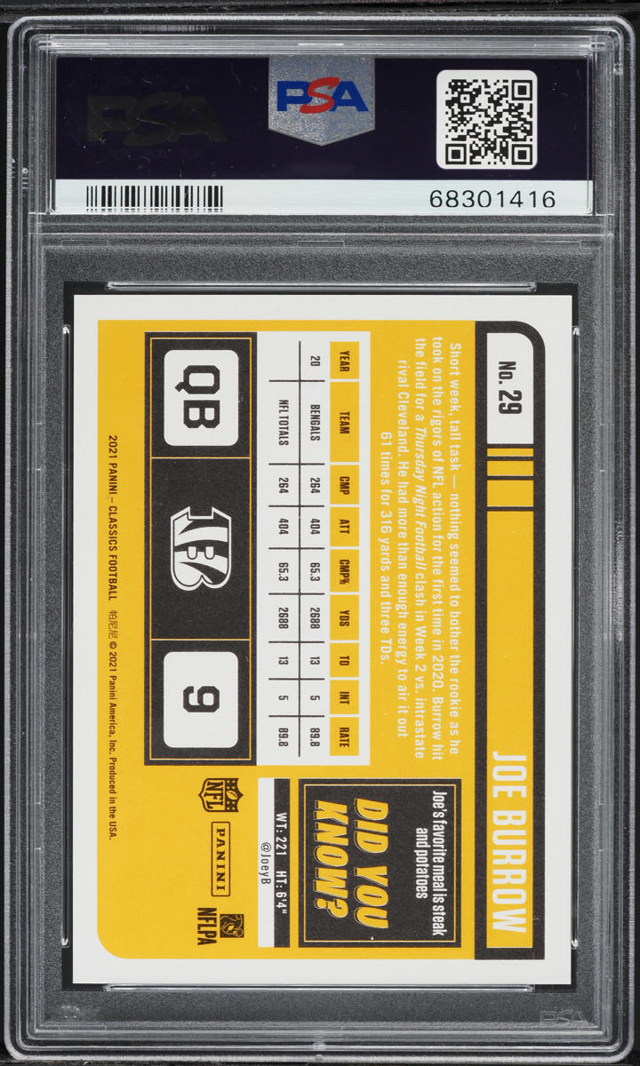 2021 Panini Classics Timeless Tributes Gold Joe Burrow /99 #29 PSA 10 GEM MINT