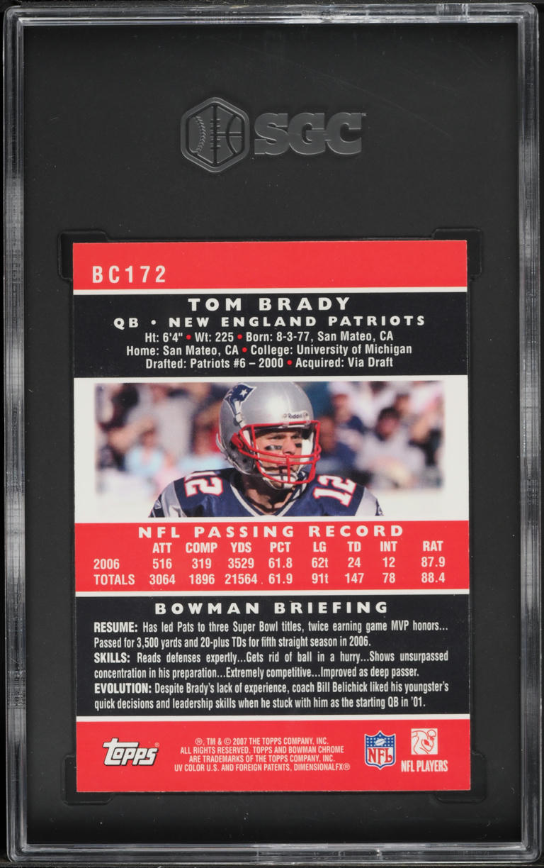 2007 Bowman Chrome Tom Brady #BC172 SGC 10 GEM MINT