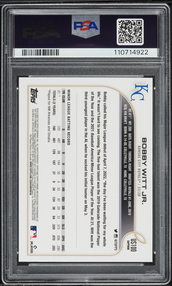 2022 Topps Chrome Update Sapphire Bobby Witt Jr. ROOKIE #100 PSA 10 GEM MINT
