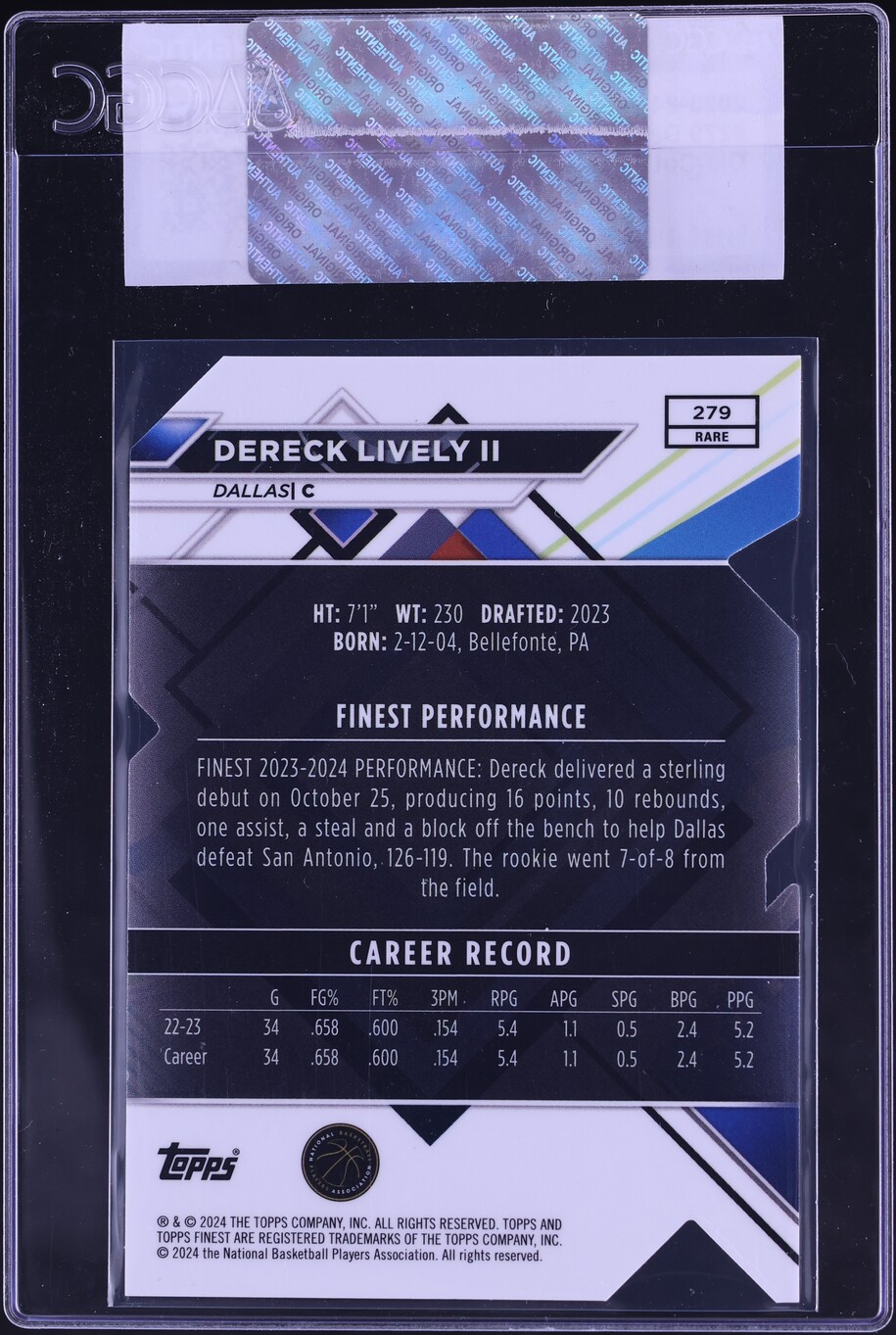 2023 Finest Die-Cut Refractor Dereck Lively II ROOKIE /25 #279 CGC AUTH