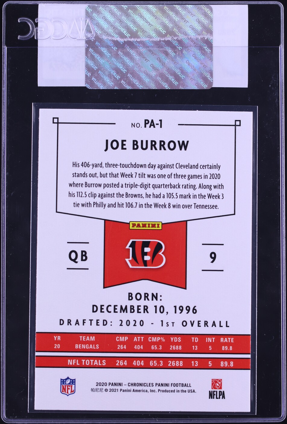 2020 Panini Chronicles Joe Burrow ROOKIE #PA-1 CGC AUTH