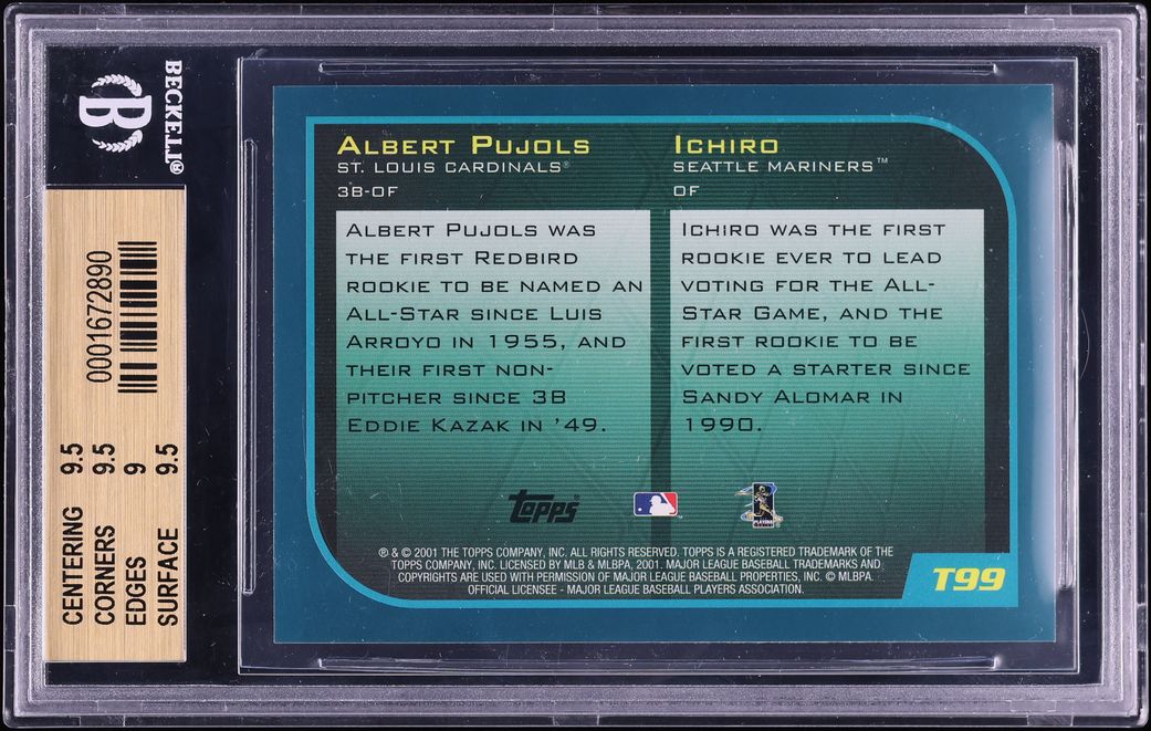 2001 Topps Traded Ichiro & Albert Pujols ROOKIE AUTO #T99 BAS BGS 9.5 GEM MINT