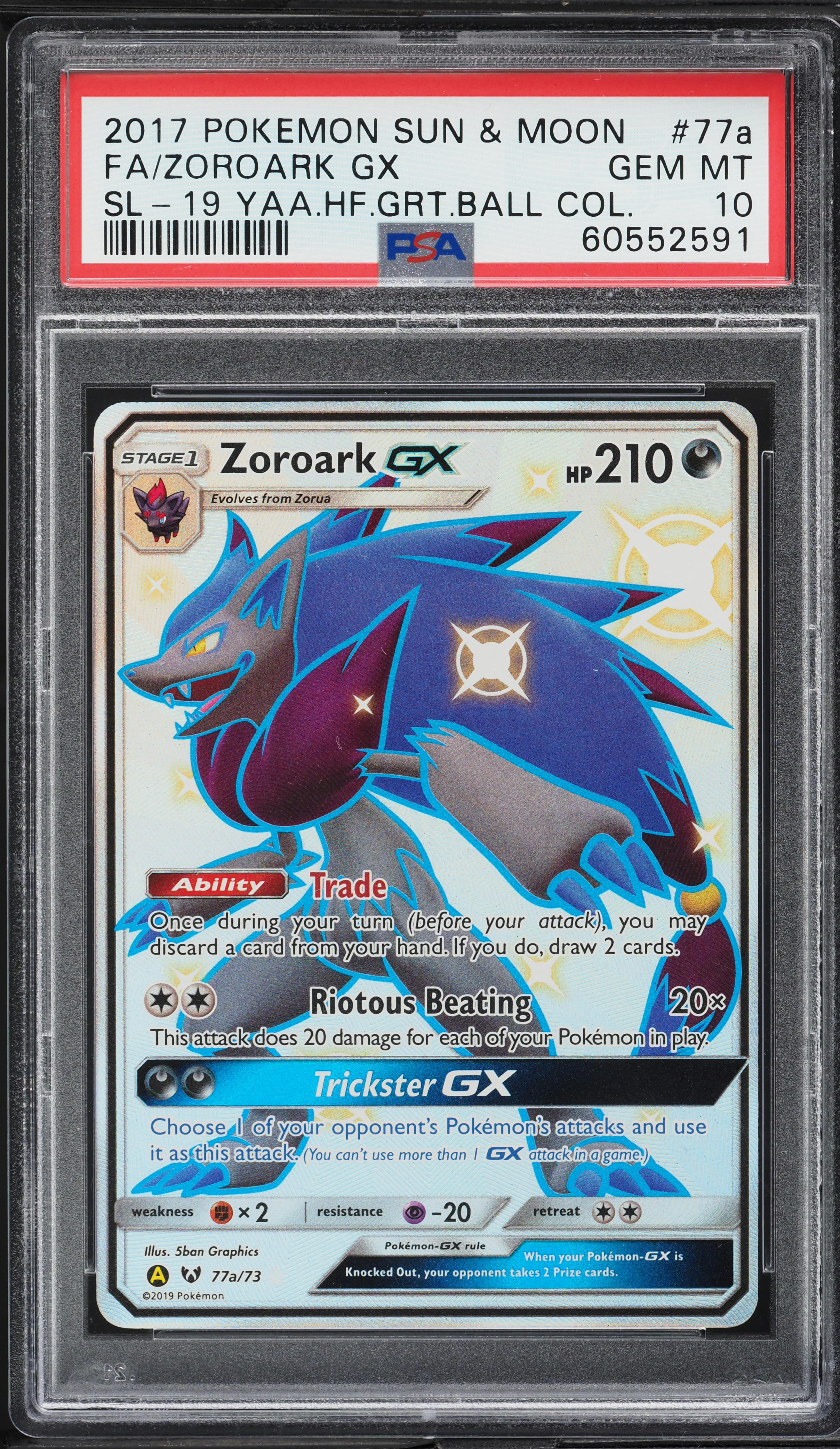 2017 Pokemon SM Hidden Fates Full Art Shiny Zoroark GX #77a PSA 10