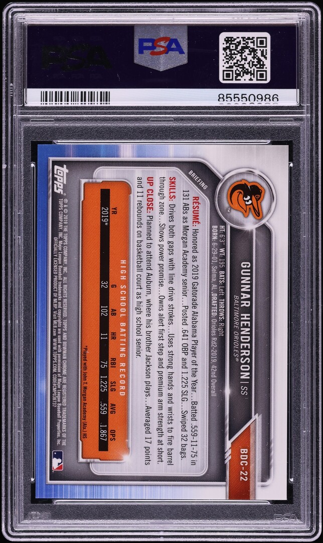 2019 Bowman Chrome Draft Asia Refractor Gunnar Henderson PROSPECT #BDC-22 PSA 10