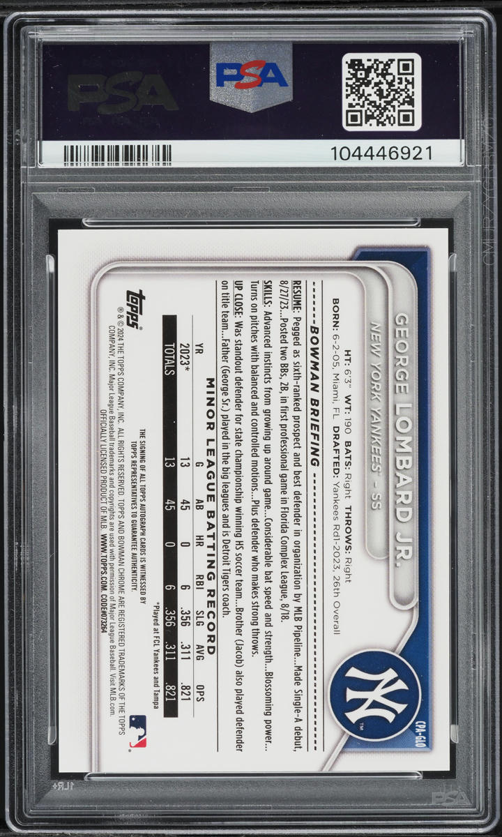 2024 Bowman Chrome Prospect Green George Lombard Jr. AUTO /99 #CPAGLO PSA 10 GEM