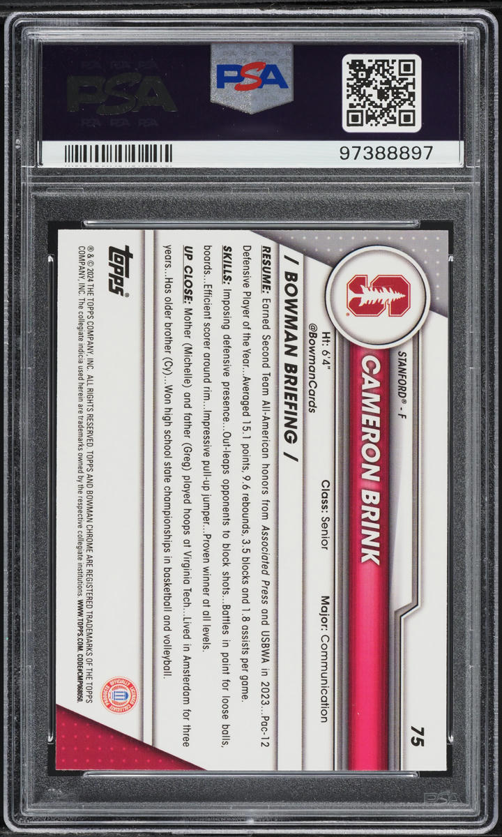 2023 Bowman Chrome University Cameron Brink ROOKIE #75 PSA 10 GEM MINT