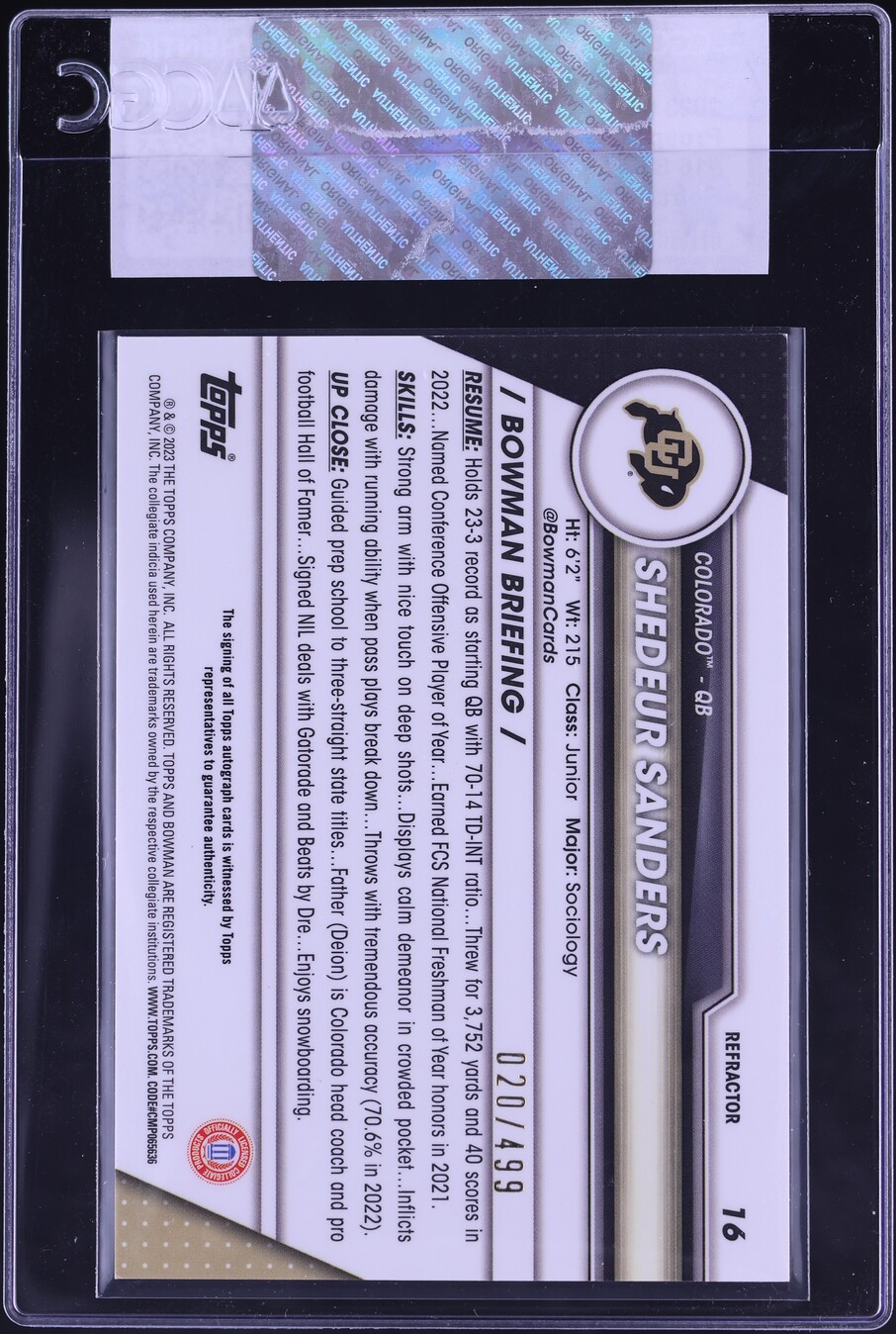 2023 Bowman Chrome University Refractor Shedeur Sanders RC AUTO /499 CGC AUTH