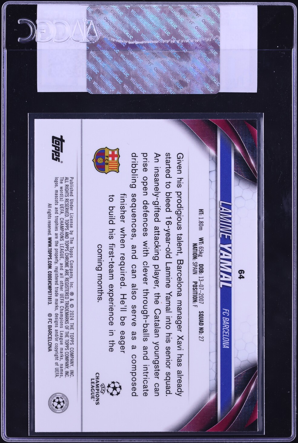 2023 Topps Chrome UEFA Club Competitions Lamine Yamal ROOKIE #64 CGC AUTH