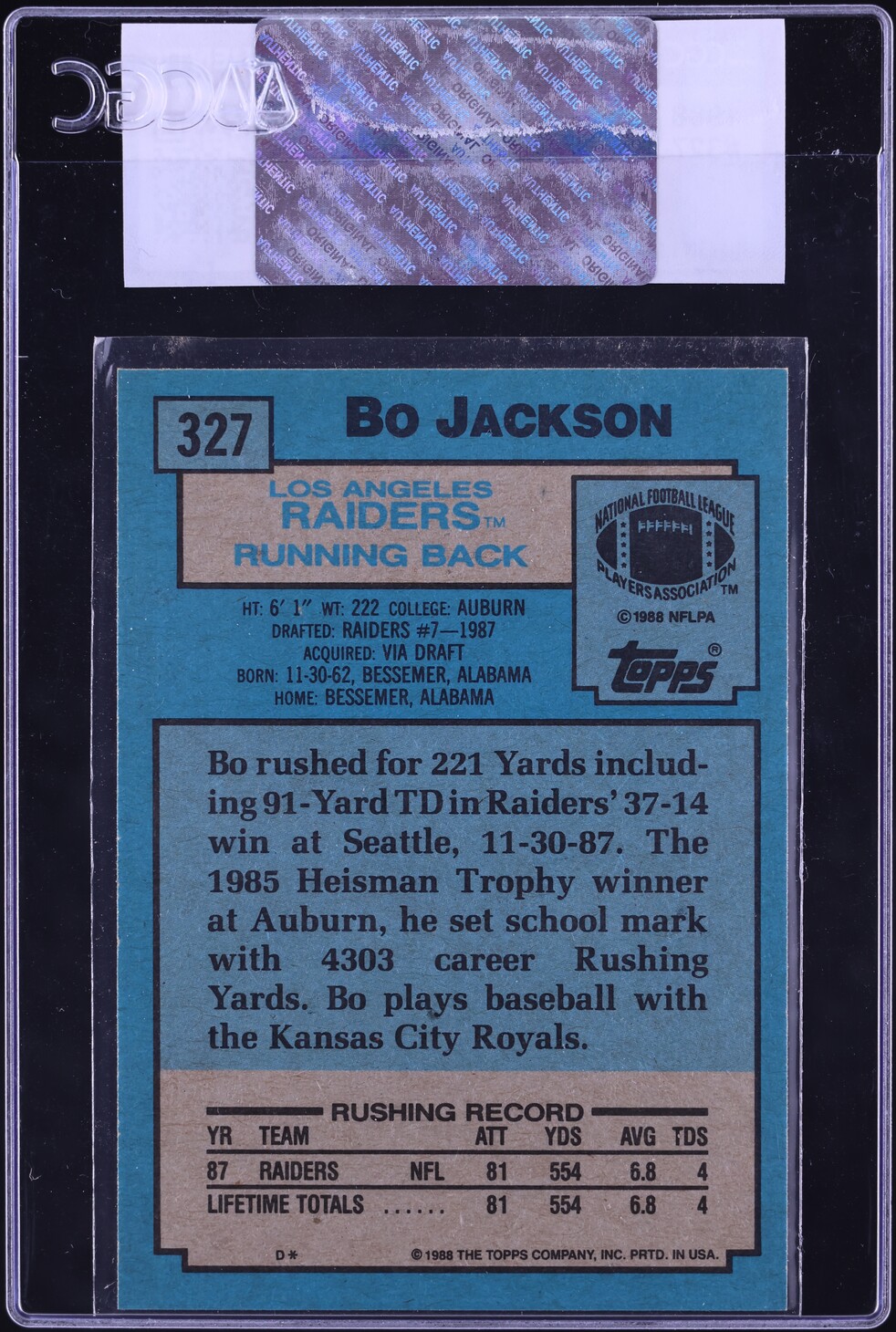1988 Topps Football Bo Jackson ROOKIE #327 CGC AUTH