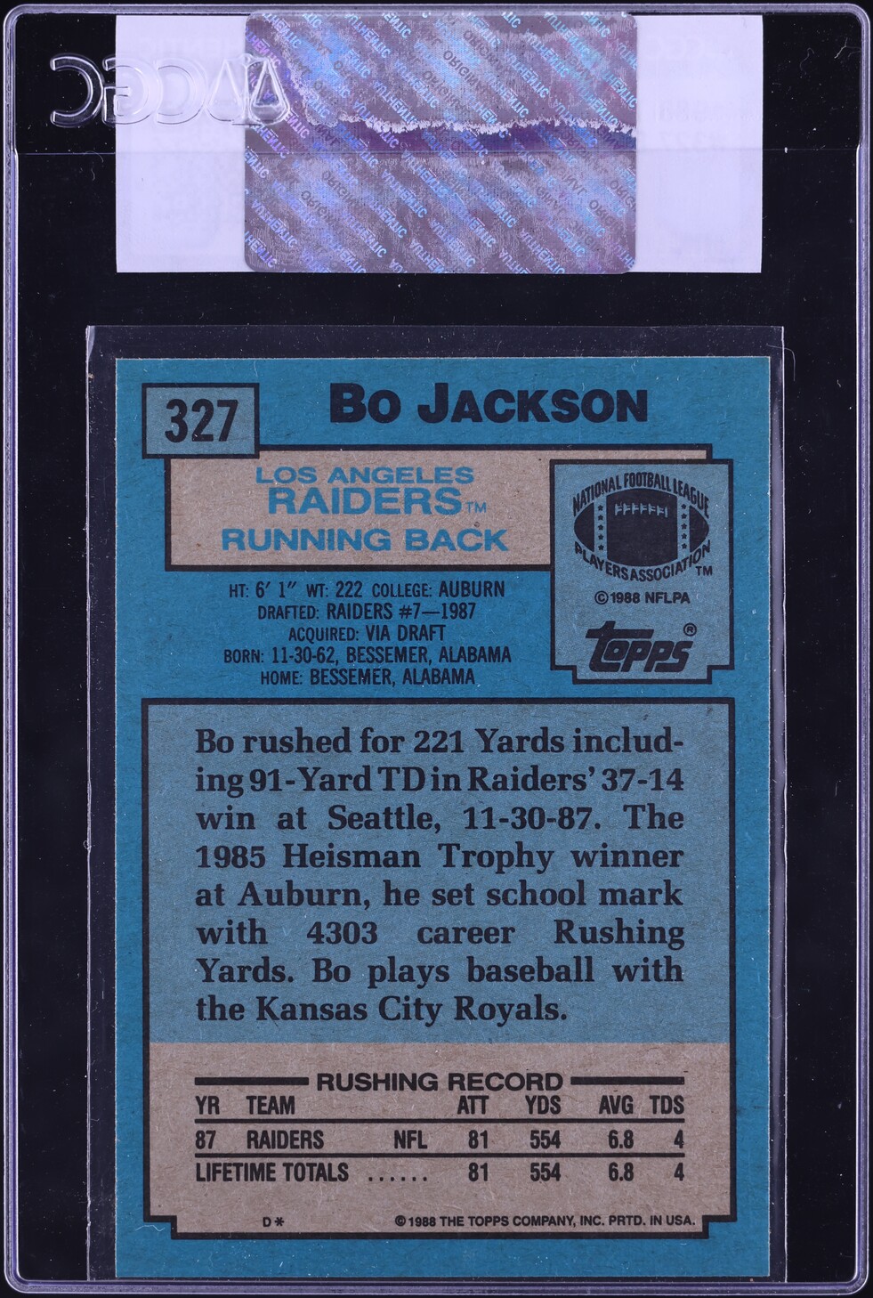 1988 Topps Football Bo Jackson ROOKIE #327 CGC AUTH