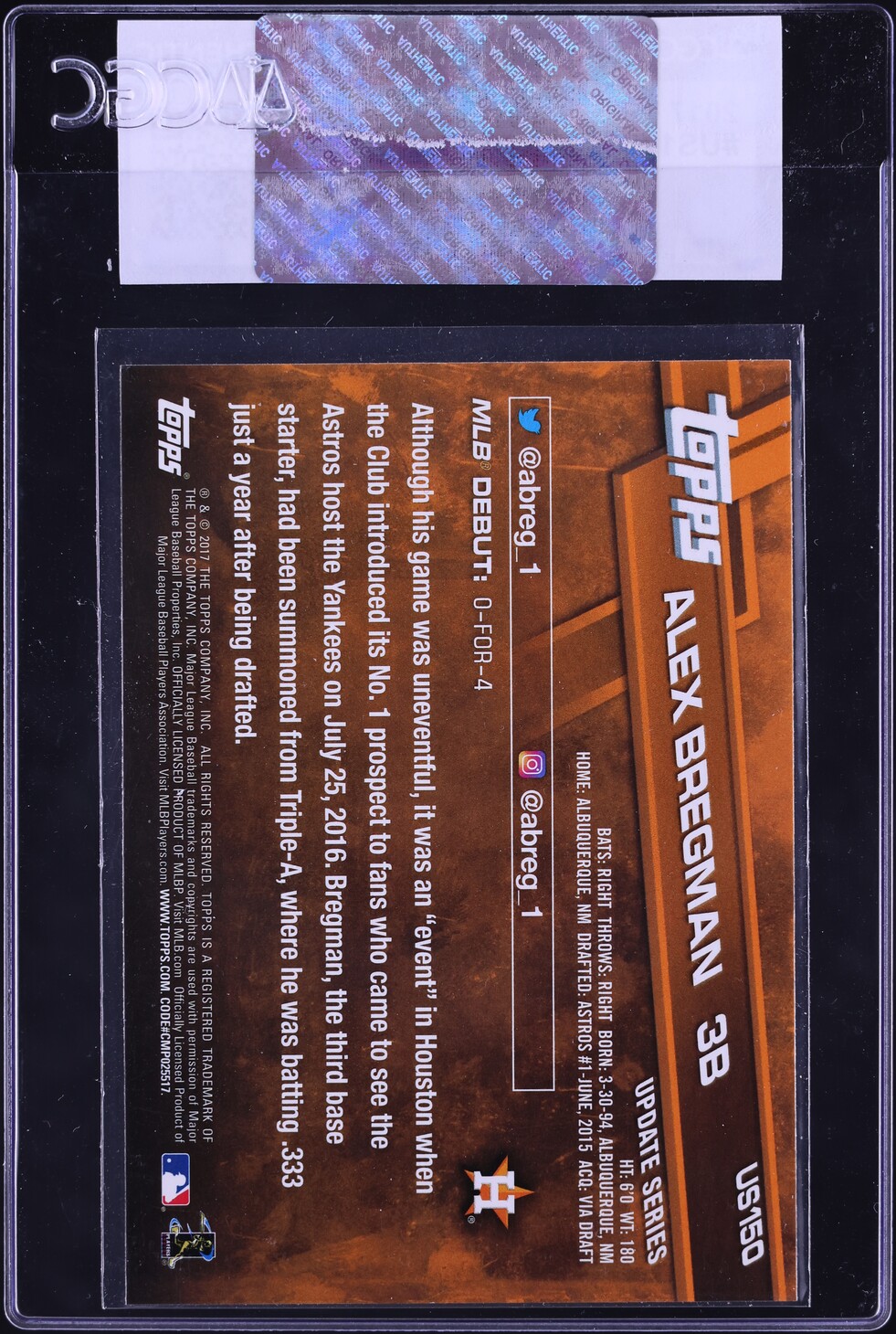 2017 Topps Update Alex Bregman ROOKIE #US150 CGC AUTH
