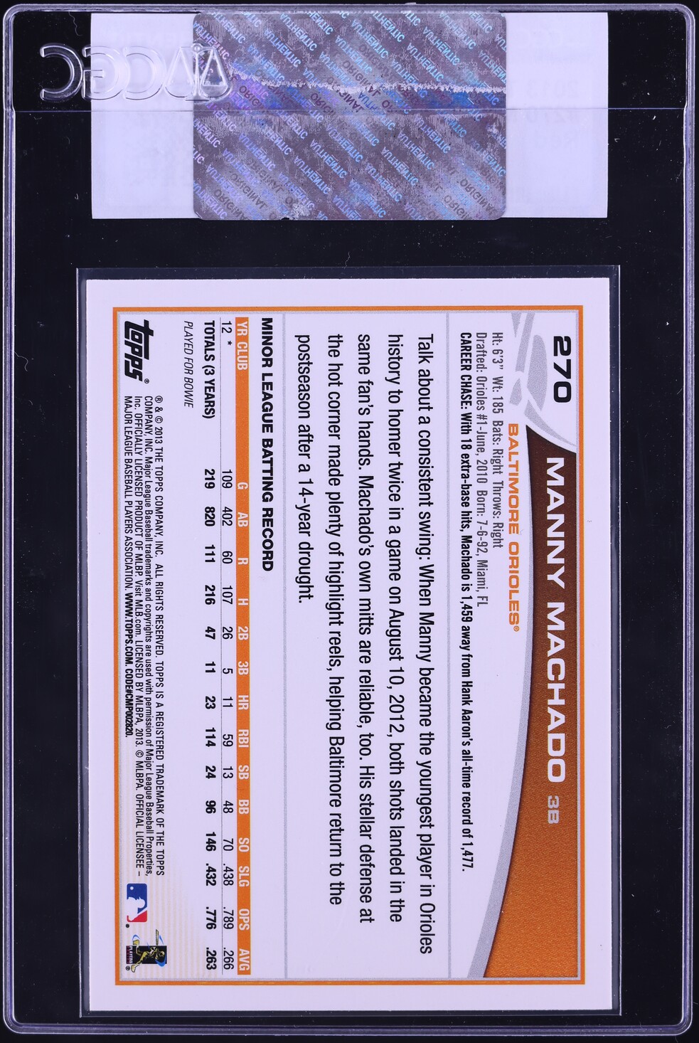 2013 Topps Red Manny Machado ROOKIE #270 CGC AUTH