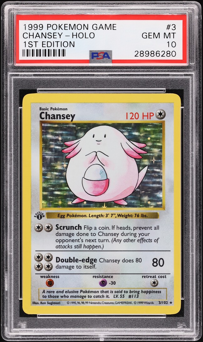 1999 Pokemon Base Set Shadowless 1st Edition Holo Chansey #3 PSA 10 GEM MINT