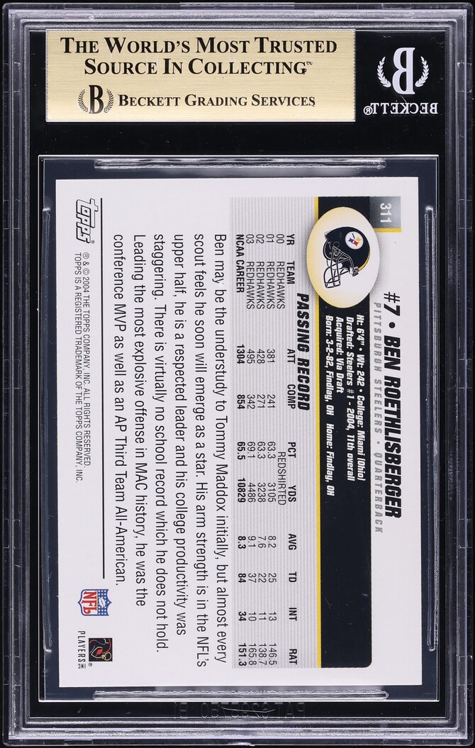 2004 Topps Football Ben Roethlisberger ROOKIE #311 BGS 9.5 GEM MINT