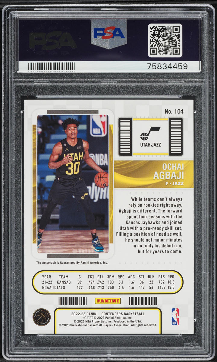 2022 Panini Contenders Ochai Agbaji ROOKIE AUTO #104 PSA 9 MINT