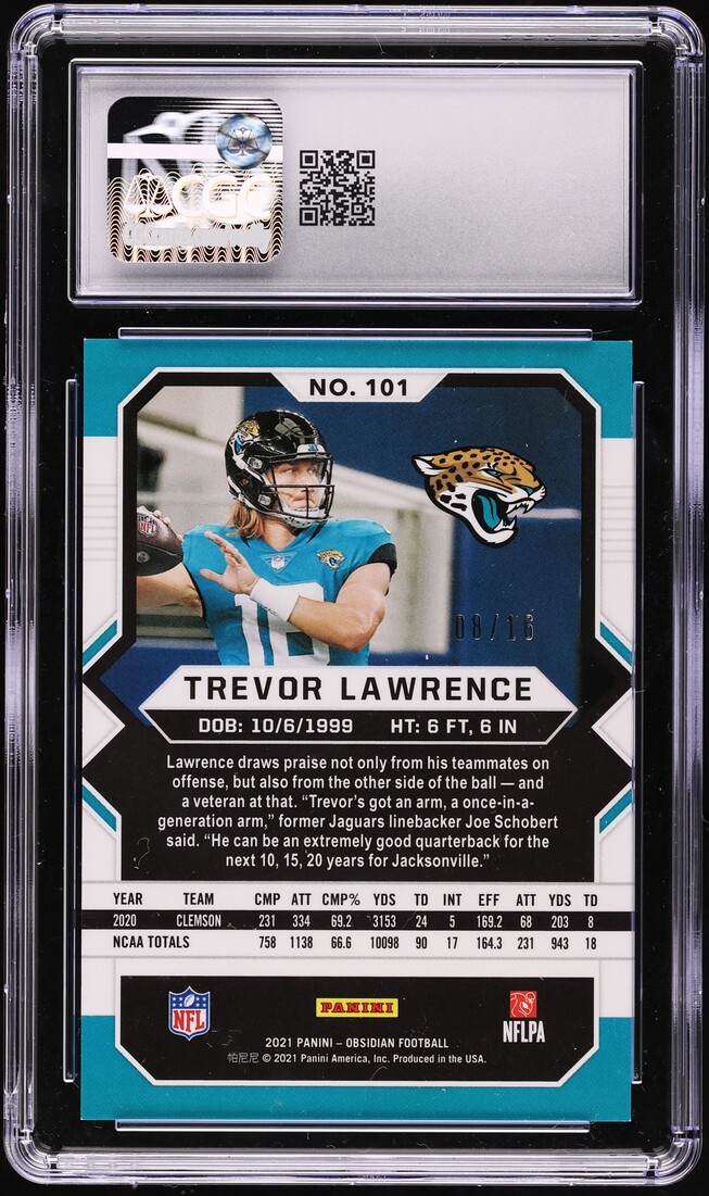 2021 Panini Obsidian Electric Etch Purple Flood Trevor Lawrence ROOKIE /16 CGC 9