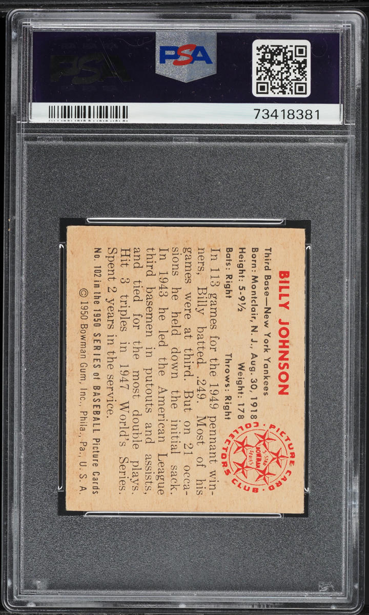 1950 Bowman Billy Johnson #102 PSA 5 EX
