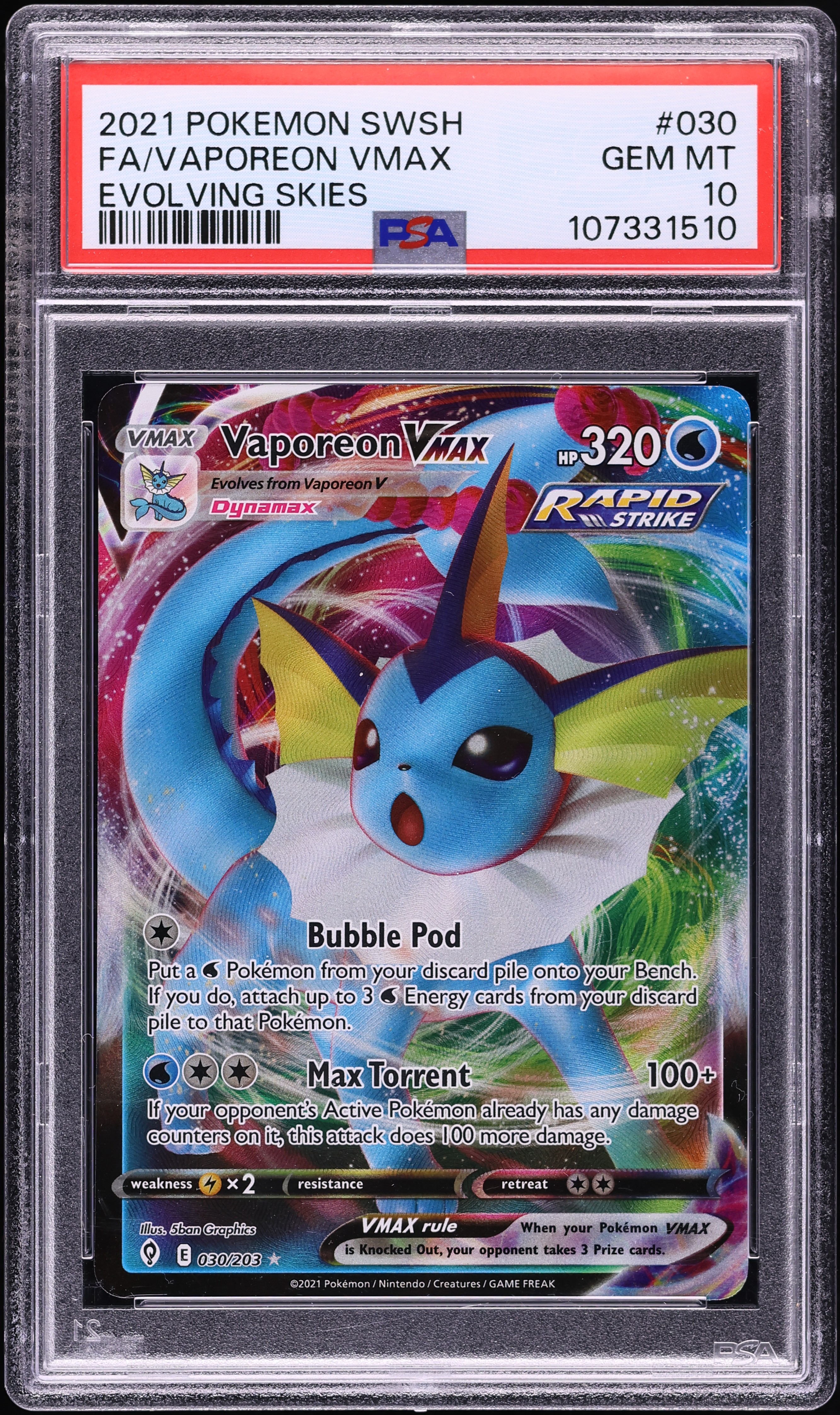 2021 Pokemon SWSH Evolving Skies Vaporeon VMAX #30 PSA 10 GEM MINT