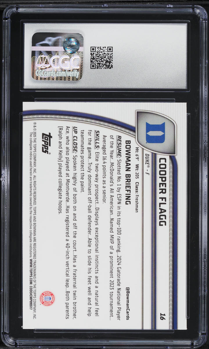 2024 Bowman Chrome University Cooper Flagg ROOKIE #16 CGC 8 NM-MT