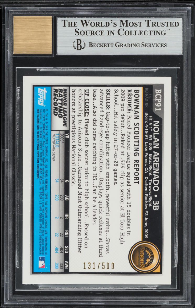 2010 Bowman Chrome Refractor Nolan Arenado PROSPECT AUTO /500 #BCP91 BGS 9 MINT