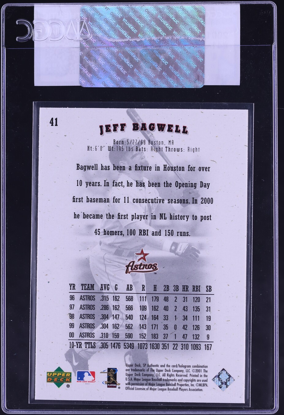 2001 SP Authentic Jeff Bagwell #41 CGC AUTH