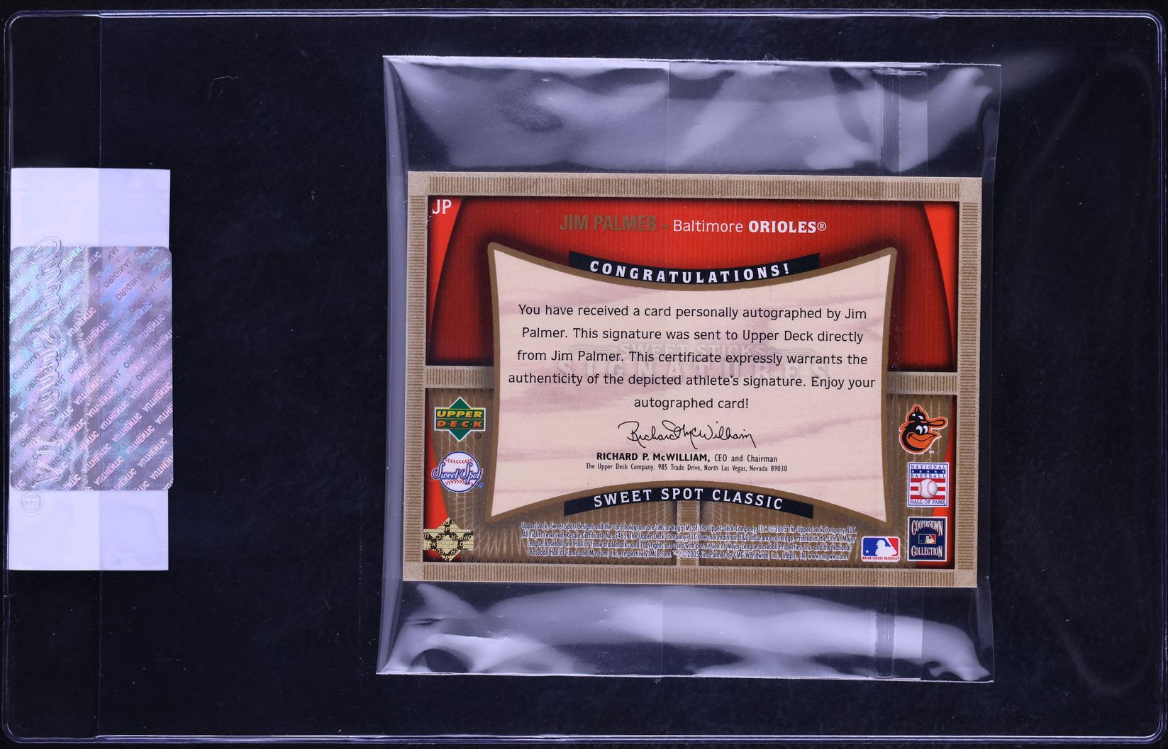 2005 UD Sweet Spot Classic Sticks Jim Palmer BAT PATCH AUTO /35 #JP CGC AUTH