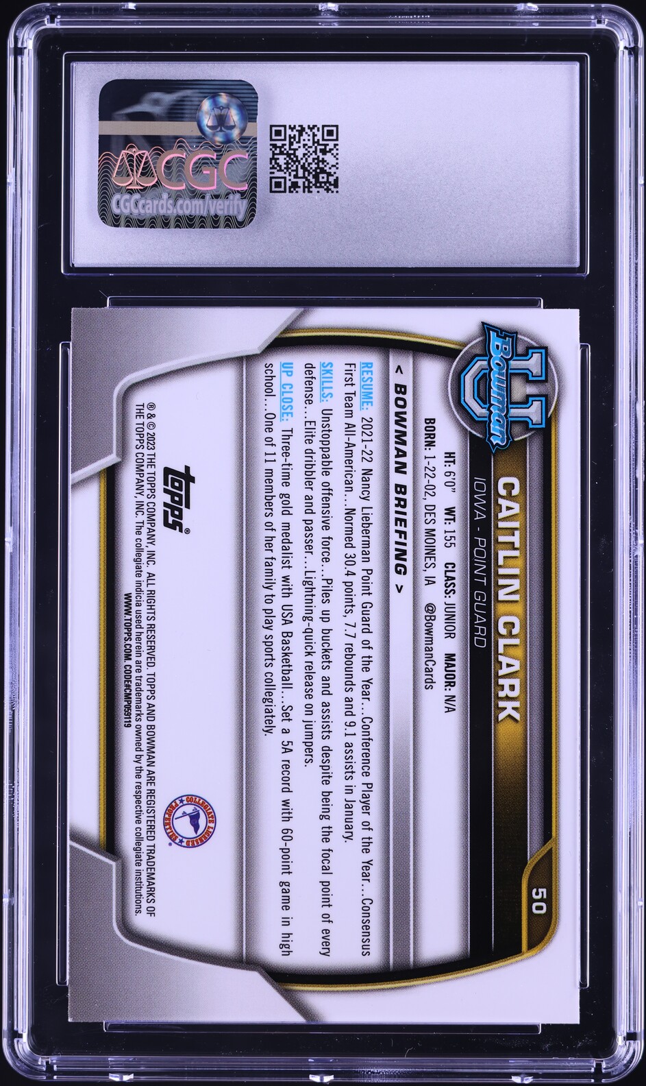 2022 Bowman University Chrome Caitlin Clark ROOKIE #50 CGC 9 MINT