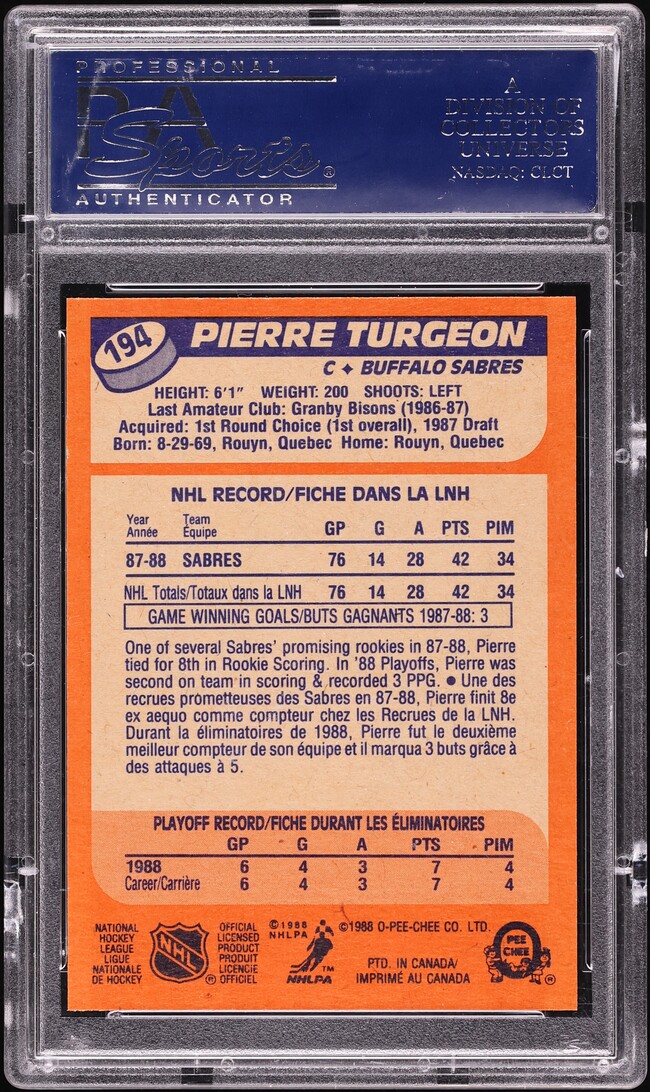 1988 O-Pee-Chee Hockey Pierre Turgeon ROOKIE #194 PSA 10 GEM MINT